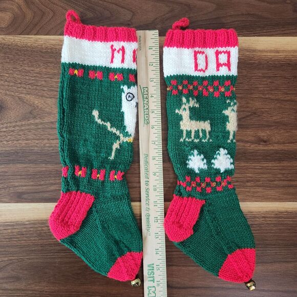 Vintage Knit Mom Dad Christmas Stockings Owl Reindeer Green Red Bell Nordic - Picture 9 of 9